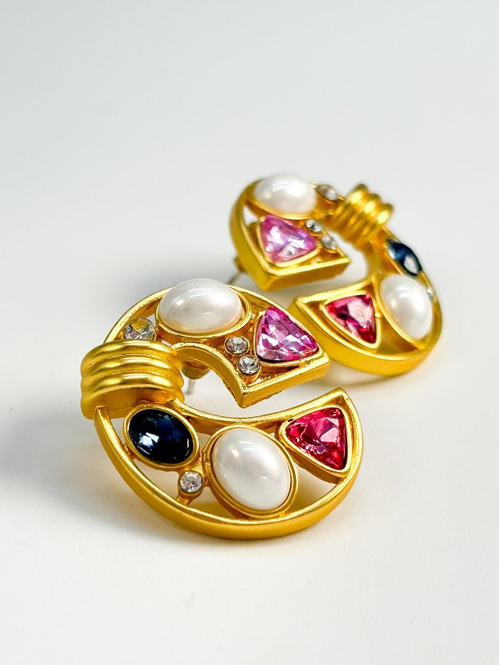 Chic Pearl & Gemstones Stud Earrings - Haute Pink