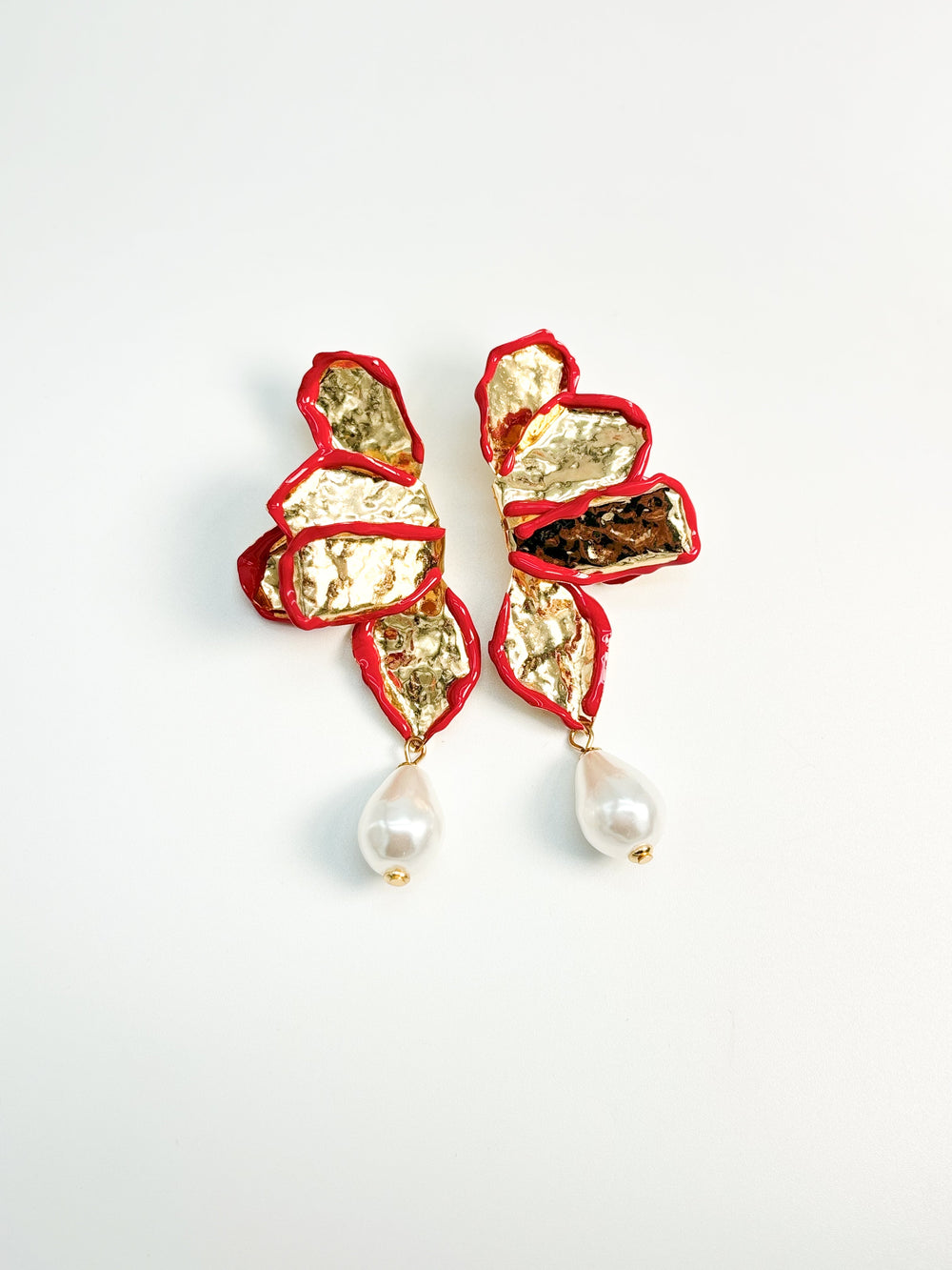 Haute Couture Red Flower Pearl Earrings